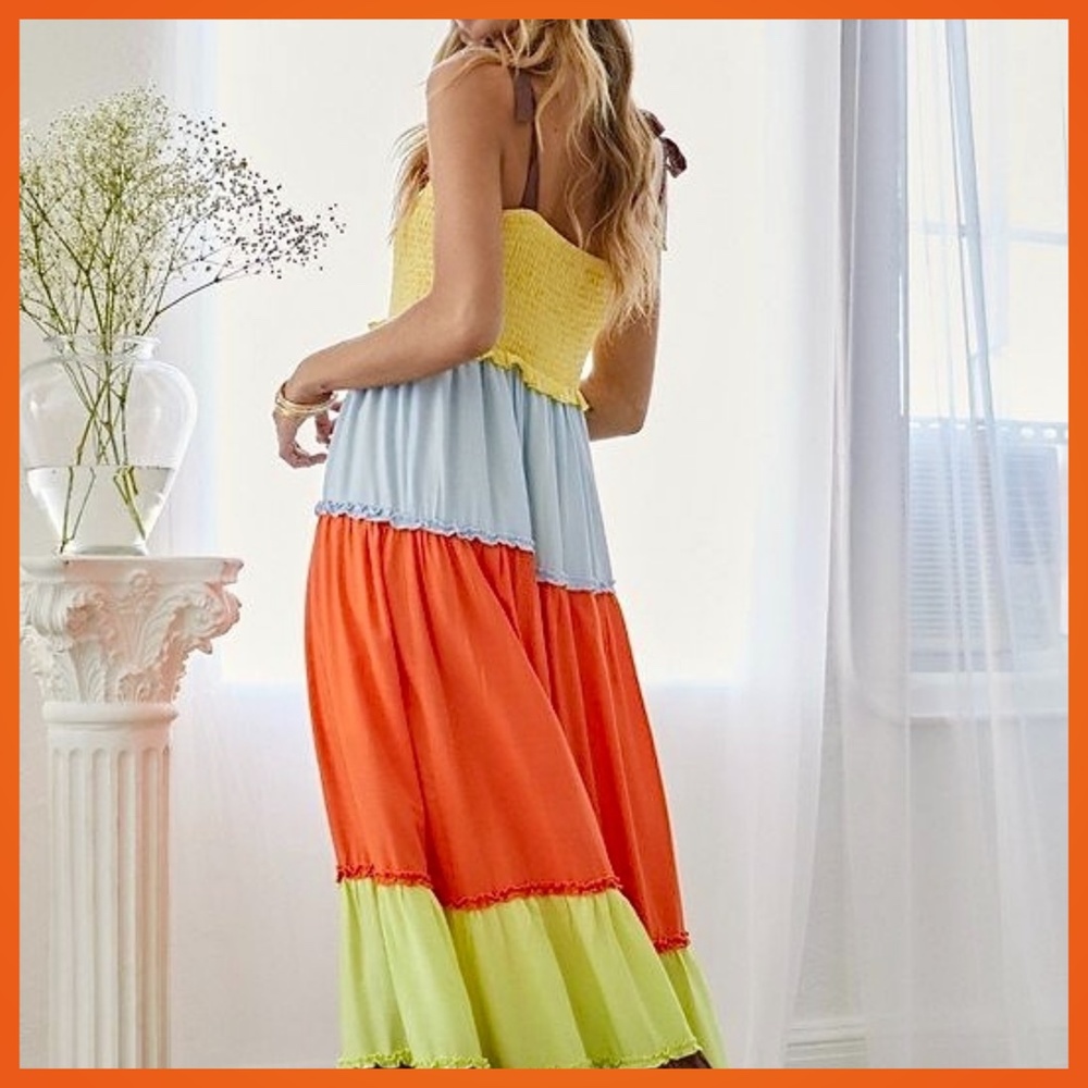 Lux Smocked Bodice Ruffle Trim Tiers Part Lined Skirt Shoulder Ties - Picture 12 of 16